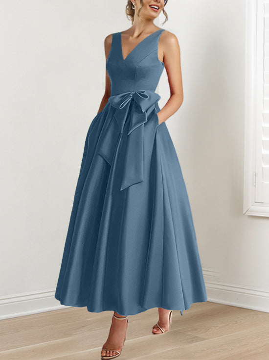 A-Line/Princess V-Neck Sleeveless Ankle-Length Mother of the Bride Dresses with Pockets & Ruffles