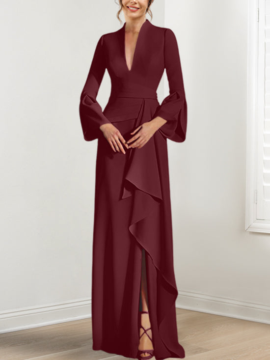 Sheath/Column V-Neck Long Sleeves Floor-Length Mother of the Bride Dresses With Split Side