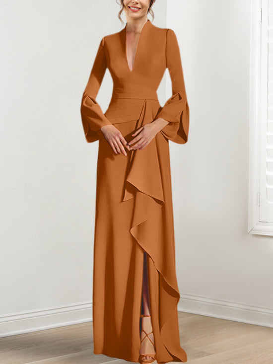 Sheath/Column V-Neck Long Sleeves Floor-Length Mother of the Bride Dresses With Split Side