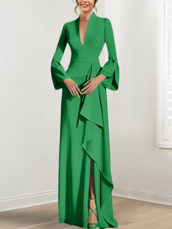 Sheath/Column V-Neck Long Sleeves Floor-Length Mother of the Bride Dresses With Split Side