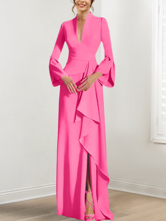 Sheath/Column V-Neck Long Sleeves Floor-Length Mother of the Bride Dresses With Split Side