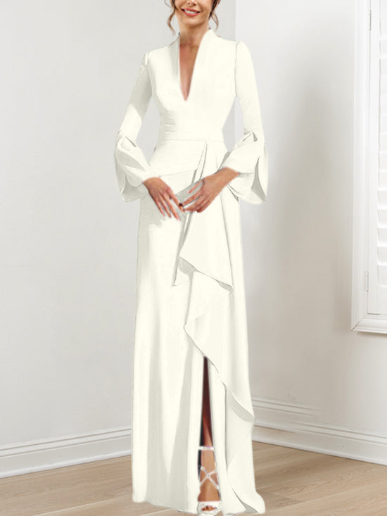 Sheath/Column V-Neck Long Sleeves Floor-Length Mother of the Bride Dresses With Split Side