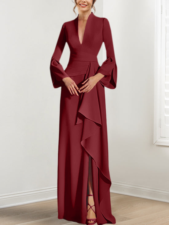 Sheath/Column V-Neck Long Sleeves Floor-Length Mother of the Bride Dresses With Split Side