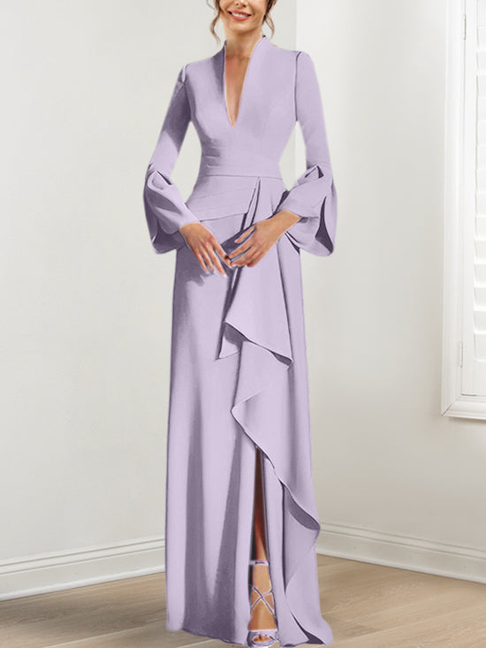 Sheath/Column V-Neck Long Sleeves Floor-Length Mother of the Bride Dresses With Split Side