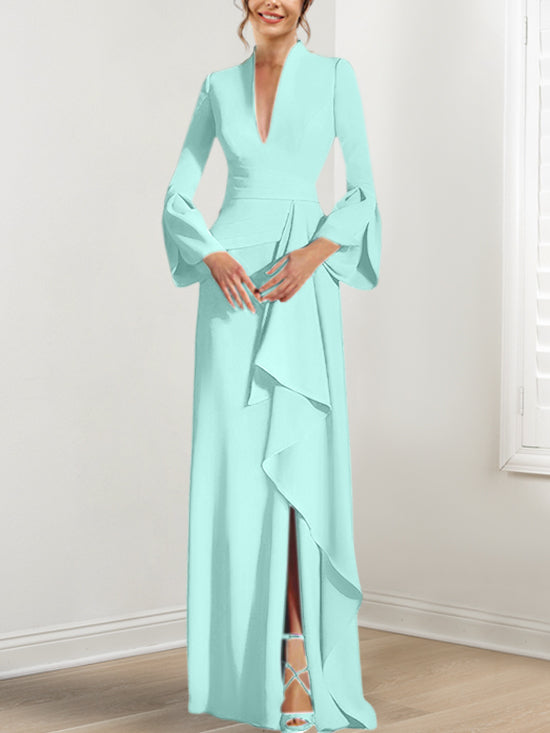 Sheath/Column V-Neck Long Sleeves Floor-Length Mother of the Bride Dresses With Split Side