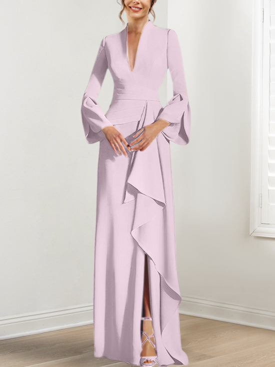 Sheath/Column V-Neck Long Sleeves Floor-Length Mother of the Bride Dresses With Split Side