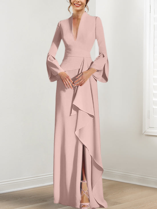 Sheath/Column V-Neck Long Sleeves Floor-Length Mother of the Bride Dresses With Split Side