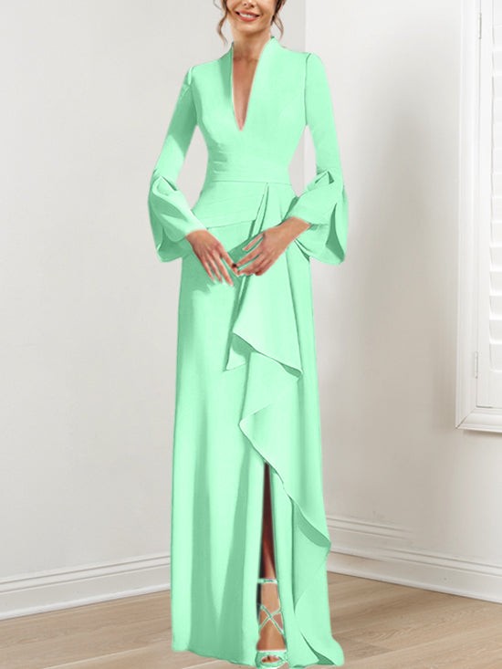 Sheath/Column V-Neck Long Sleeves Floor-Length Mother of the Bride Dresses With Split Side