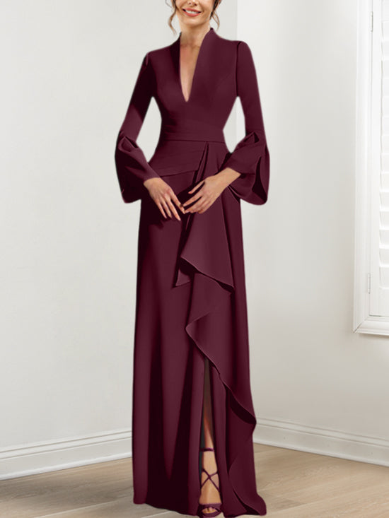 Sheath/Column V-Neck Long Sleeves Floor-Length Mother of the Bride Dresses With Split Side