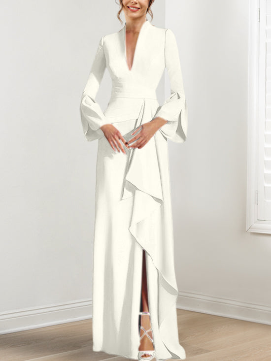 Sheath/Column V-Neck Long Sleeves Floor-Length Mother of the Bride Dresses With Split Side