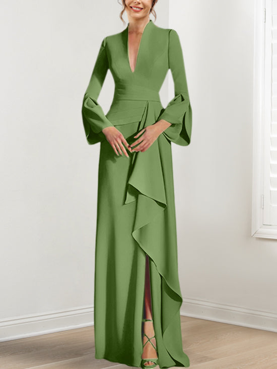 Sheath/Column V-Neck Long Sleeves Floor-Length Mother of the Bride Dresses With Split Side