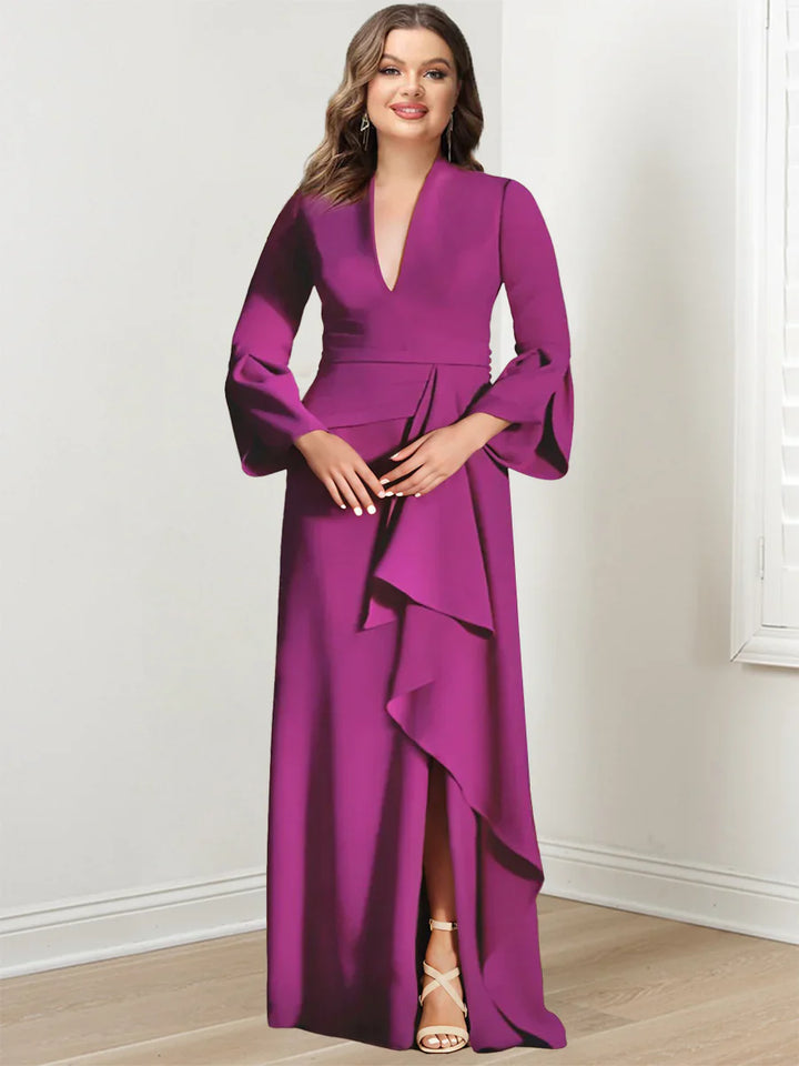 Sheath/Column V-Neck Long Sleeves Floor-Length Plus Size Mother of the Bride Dresses With Split Side