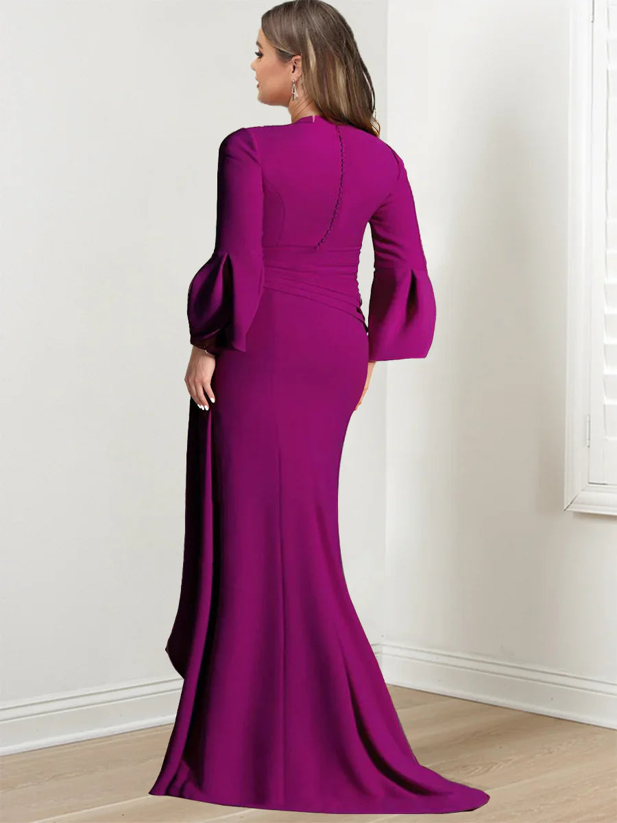 Sheath/Column V-Neck Long Sleeves Floor-Length Plus Size Mother of the Bride Dresses With Split Side