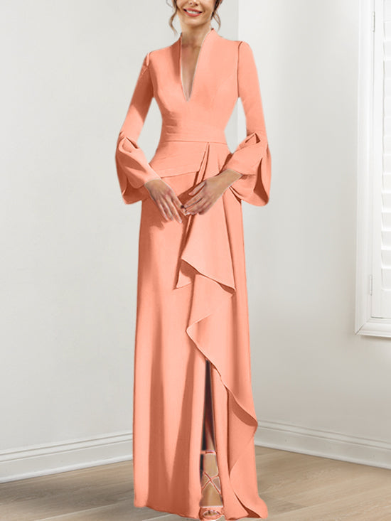 Sheath/Column V-Neck Long Sleeves Floor-Length Mother of the Bride Dresses With Split Side