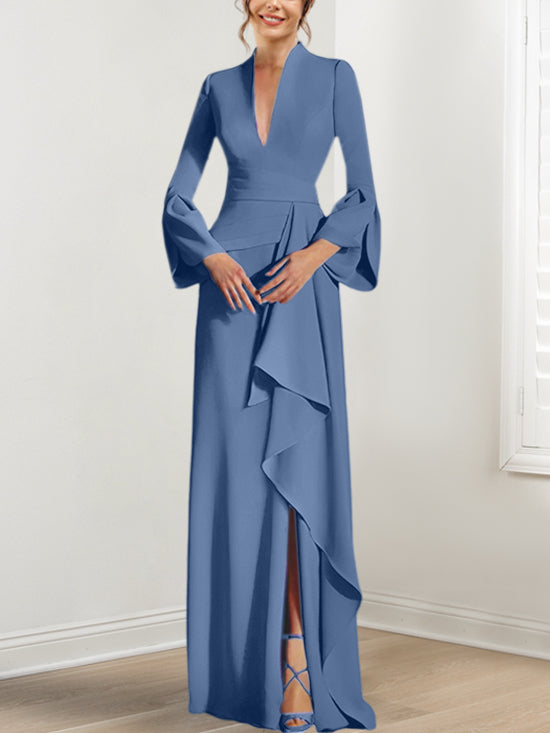 Sheath/Column V-Neck Long Sleeves Floor-Length Mother of the Bride Dresses With Split Side