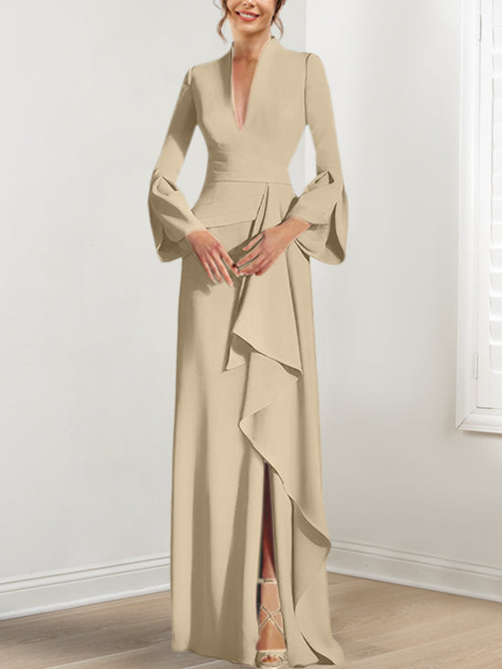 Sheath/Column V-Neck Long Sleeves Floor-Length Mother of the Bride Dresses With Split Side