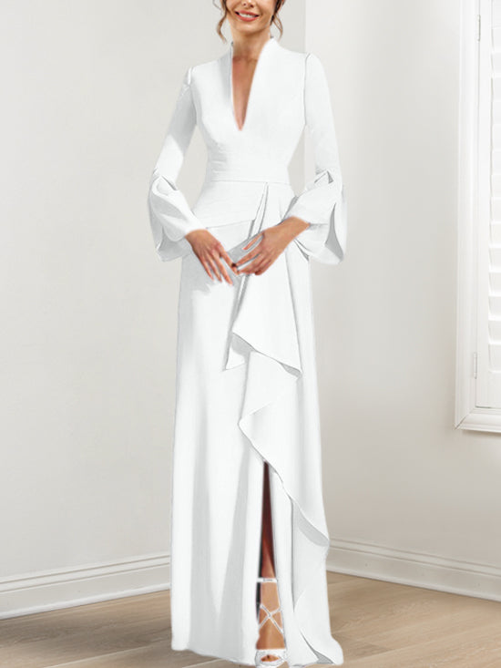 Sheath/Column V-Neck Long Sleeves Floor-Length Mother of the Bride Dresses With Split Side