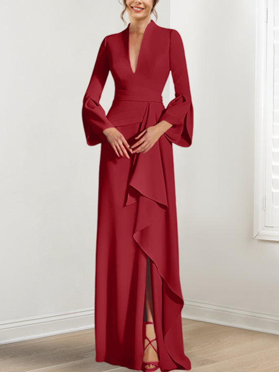 Sheath/Column V-Neck Long Sleeves Floor-Length Mother of the Bride Dresses With Split Side