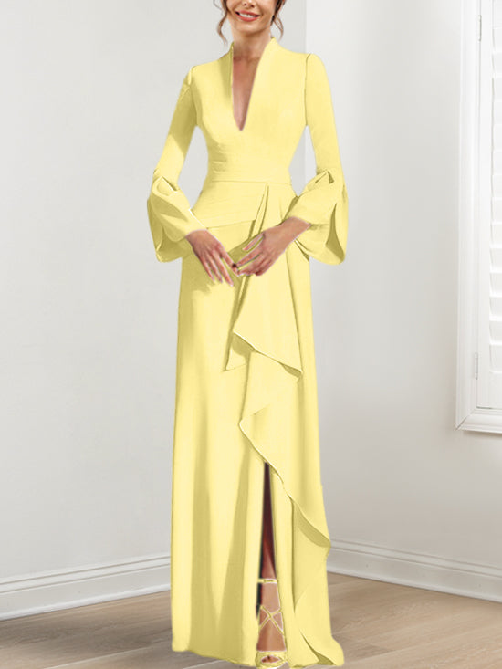 Sheath/Column V-Neck Long Sleeves Floor-Length Mother of the Bride Dresses With Split Side