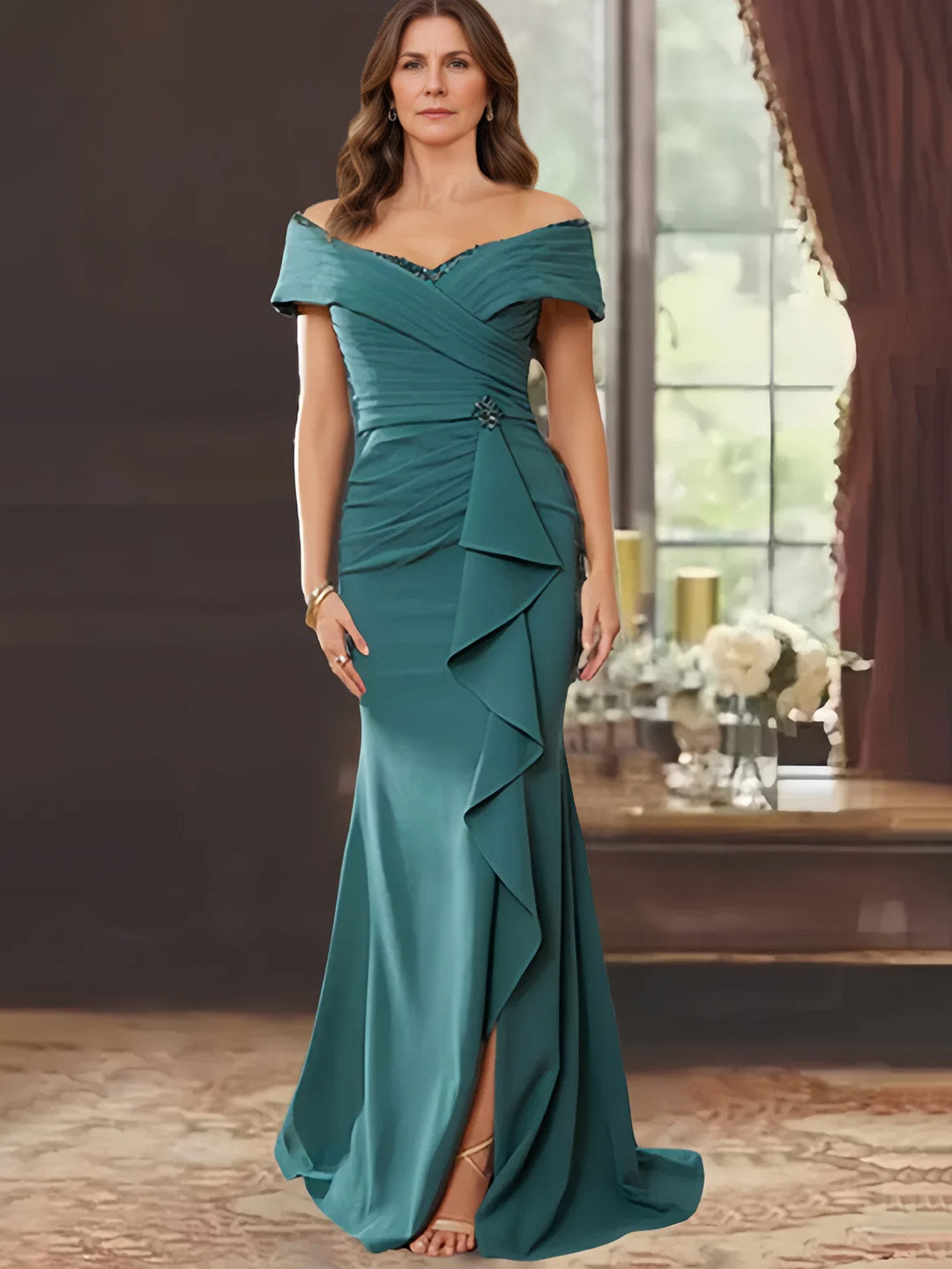 Sheath/Column Off-the-Shoulder Sleeveless Floor-Length Mother of the Bride Dresses With Ruffles