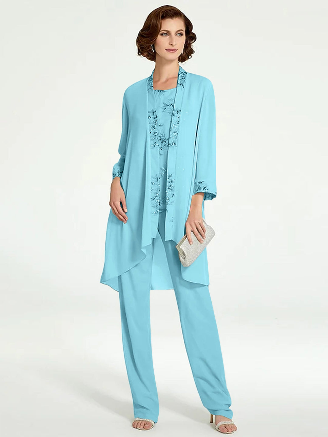 Chiffon Round Neck Floor-Length Mother of the Bride Pantsuits with Jacket