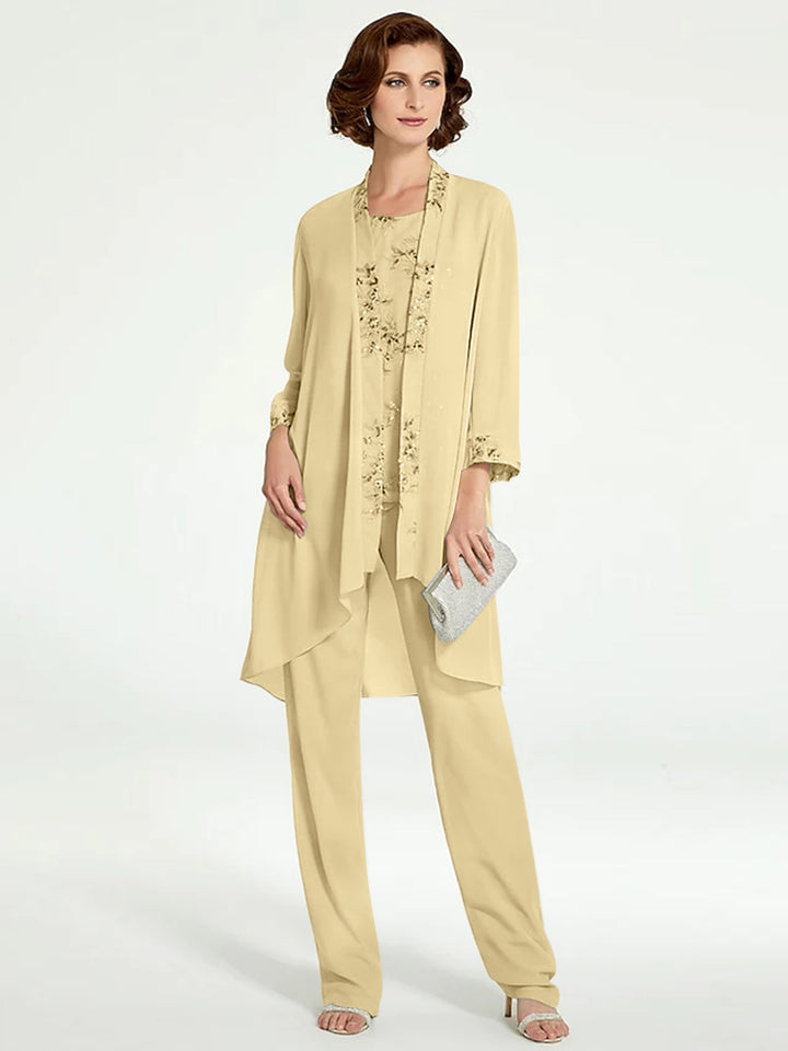 Chiffon Round Neck Floor-Length Mother of the Bride Pantsuits with Jacket