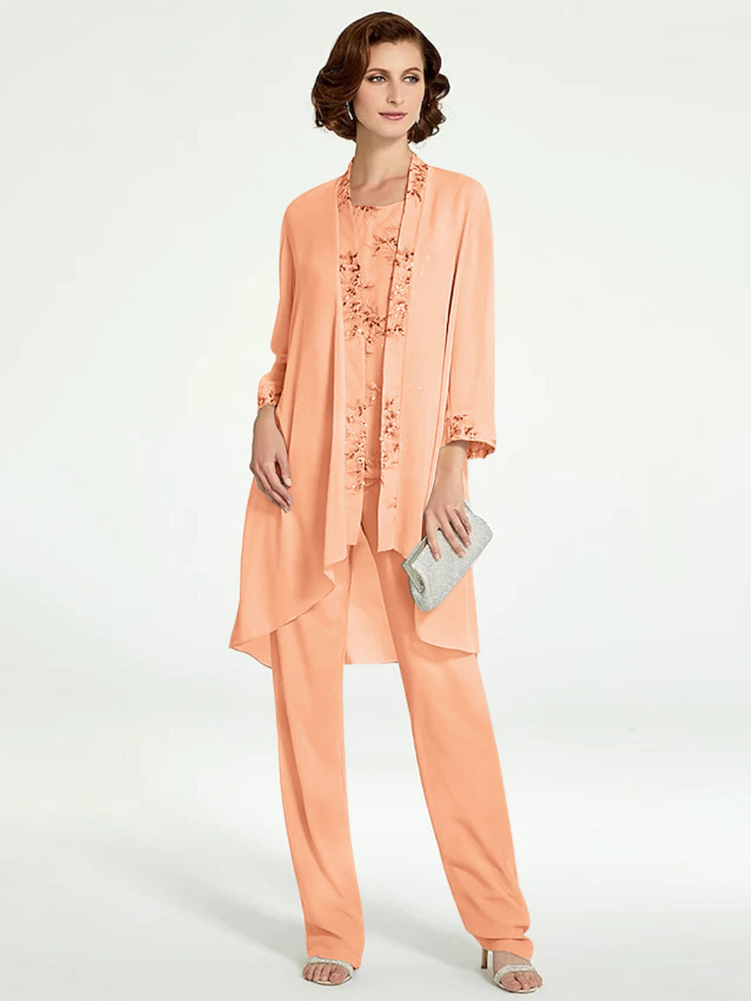 Chiffon Round Neck Floor-Length Mother of the Bride Pantsuits with Jacket