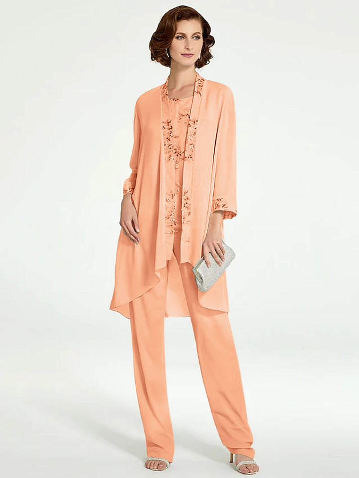 Chiffon Round Neck Floor-Length Mother of the Bride Pantsuits with Jacket