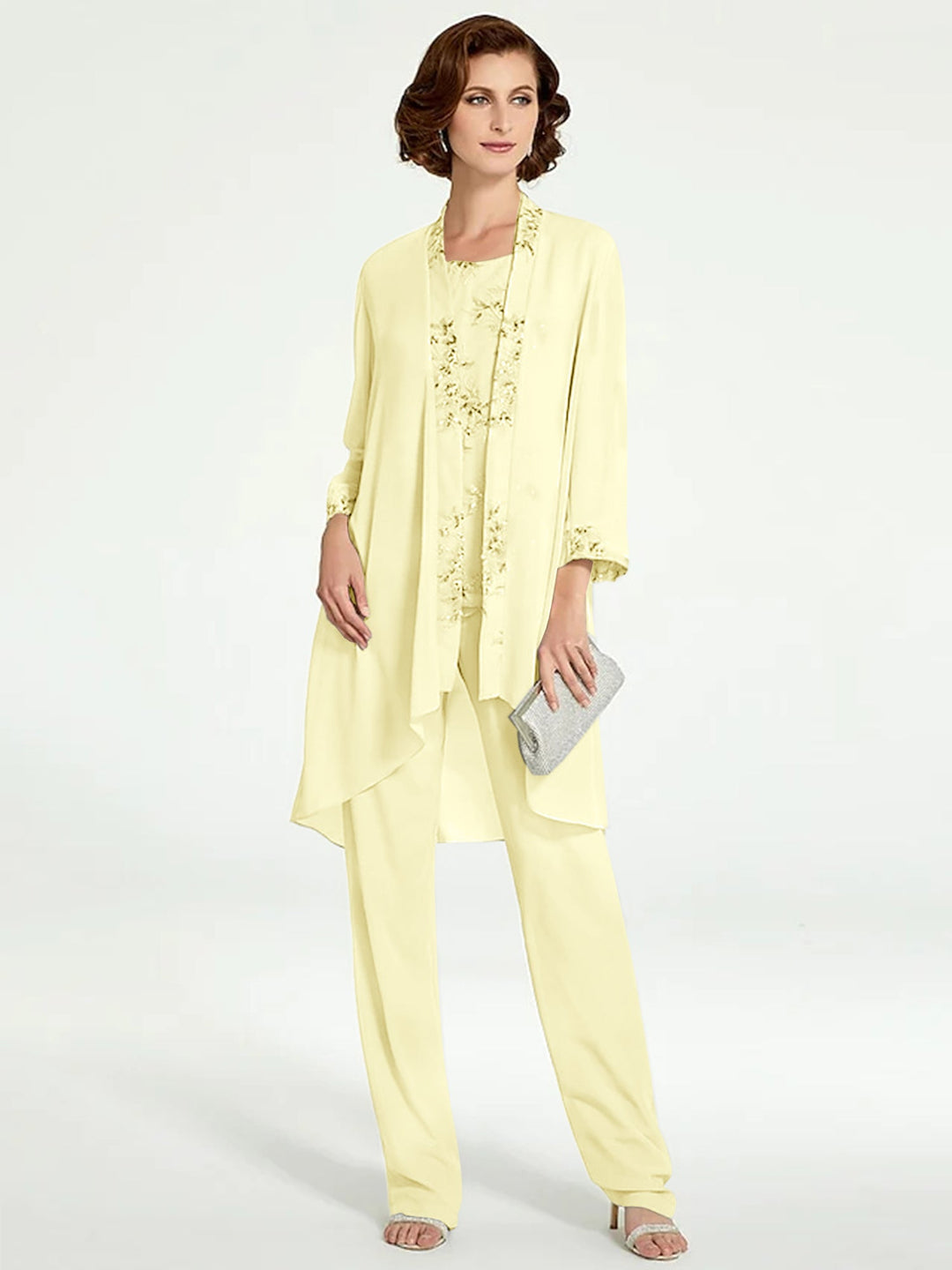 Chiffon Round Neck Floor-Length Mother of the Bride Pantsuits with Jacket