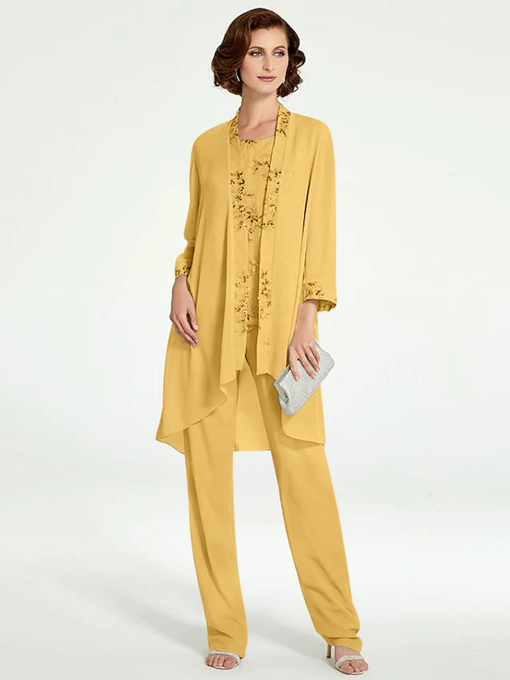 Chiffon Round Neck Floor-Length Mother of the Bride Pantsuits with Jacket