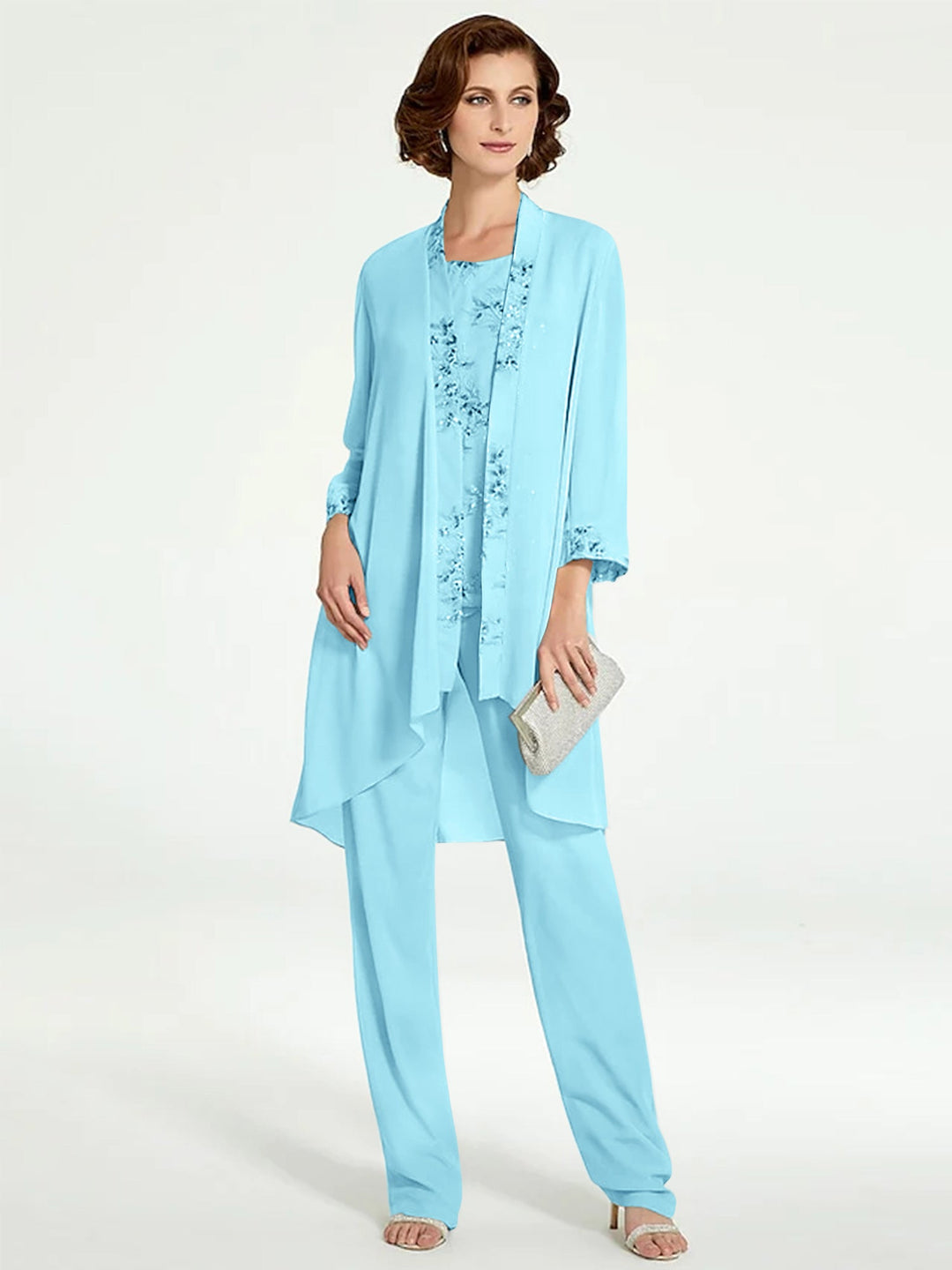 Chiffon Round Neck Floor-Length Mother of the Bride Pantsuits with Jacket
