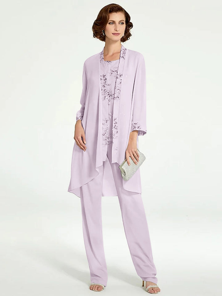 Chiffon Round Neck Floor-Length Mother of the Bride Pantsuits with Jacket