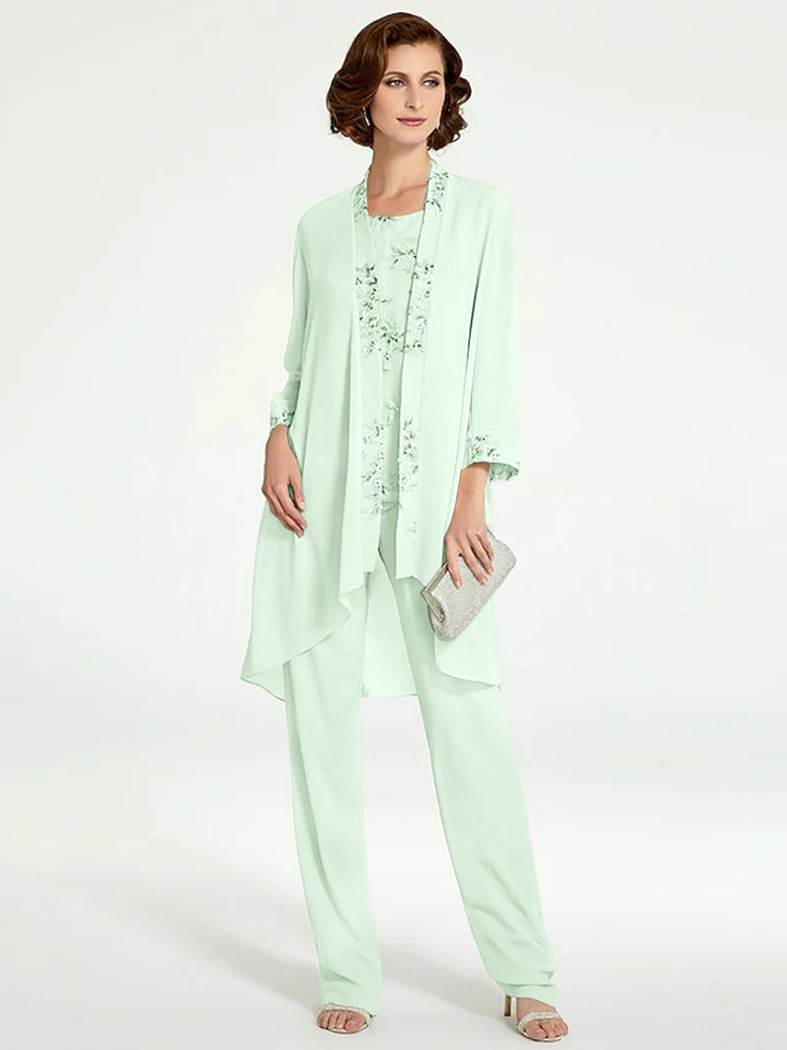 Chiffon Round Neck Floor-Length Mother of the Bride Pantsuits with Jacket