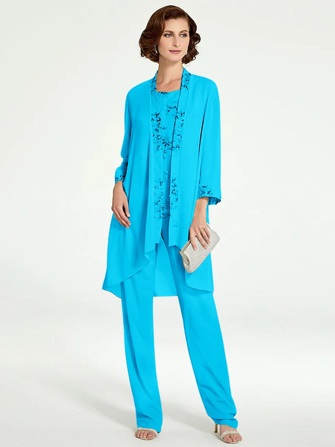 Chiffon Round Neck Floor-Length Mother of the Bride Pantsuits with Jacket