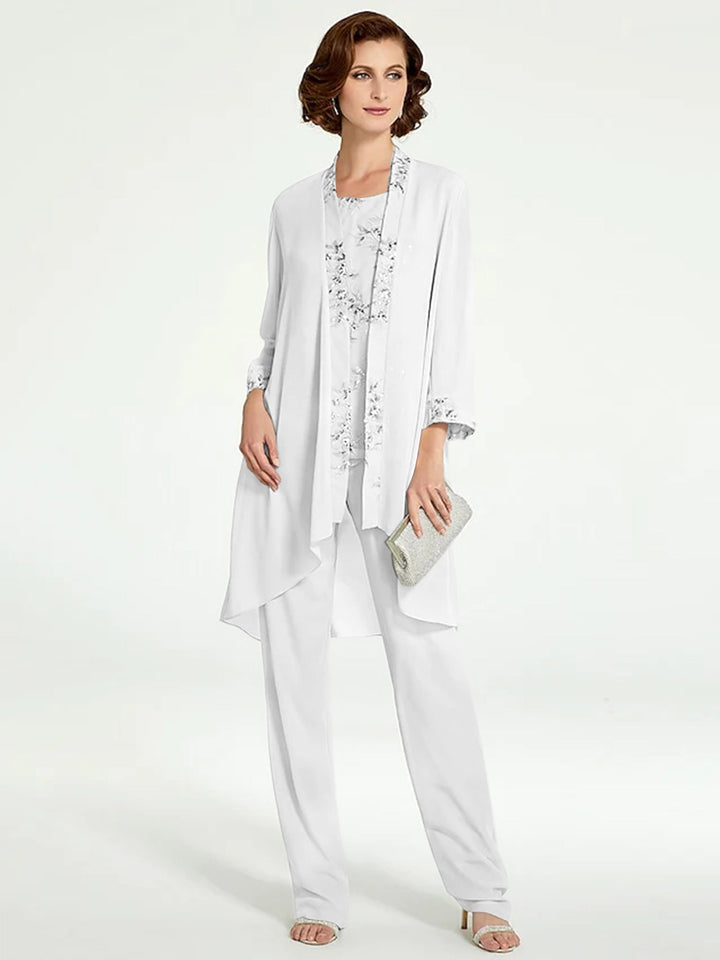 Chiffon Round Neck Floor-Length Mother of the Bride Pantsuits with Jacket