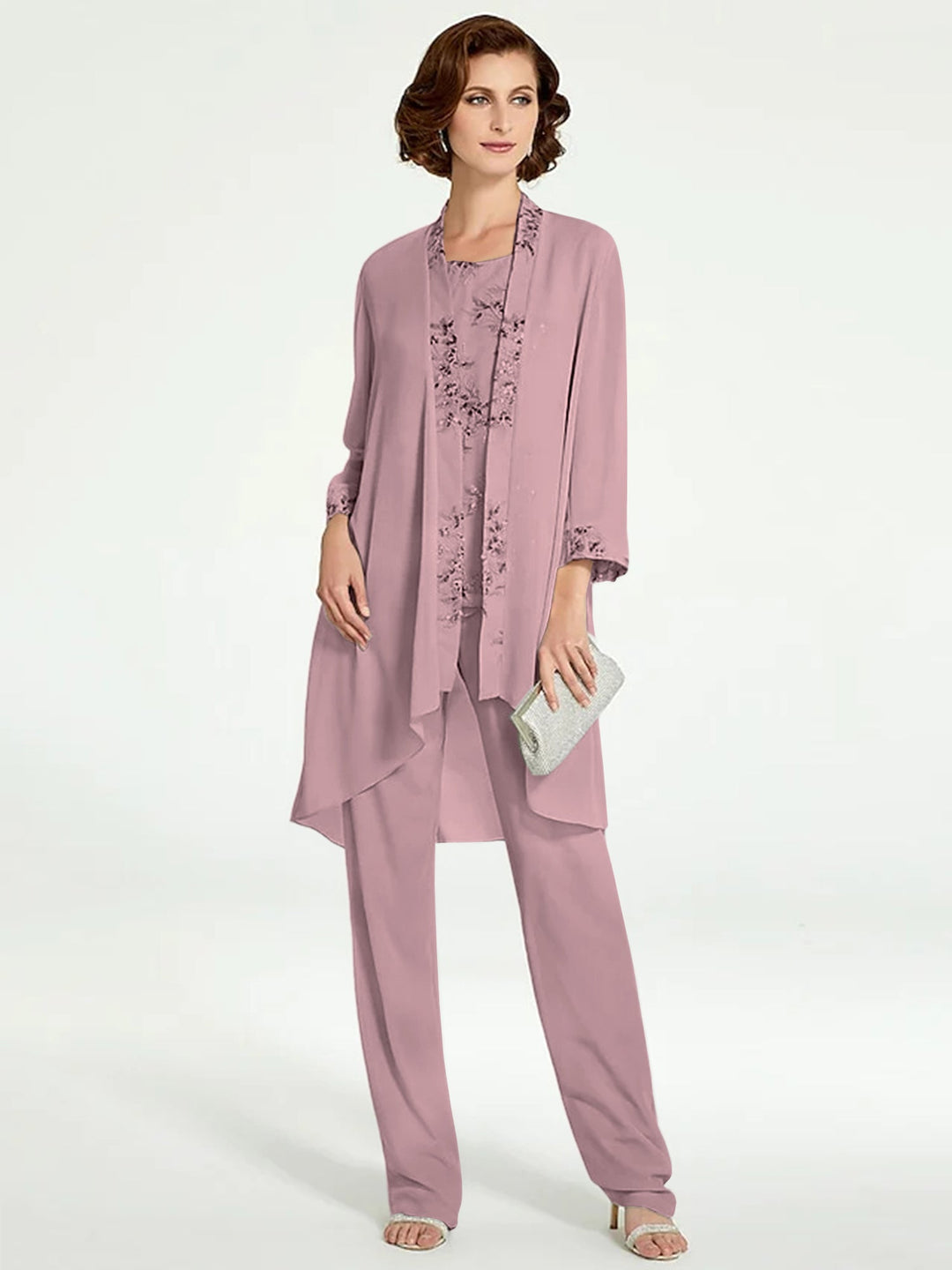 Chiffon Round Neck Floor-Length Mother of the Bride Pantsuits with Jacket