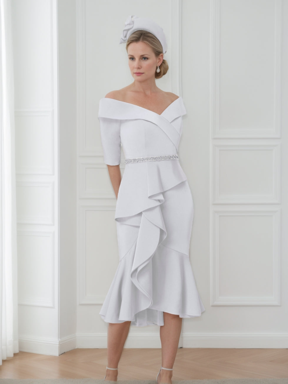 Sheath/Column Off-the-Shoulder Half Sleeves Mother of the Bride Dresses with Beading & Ruffles