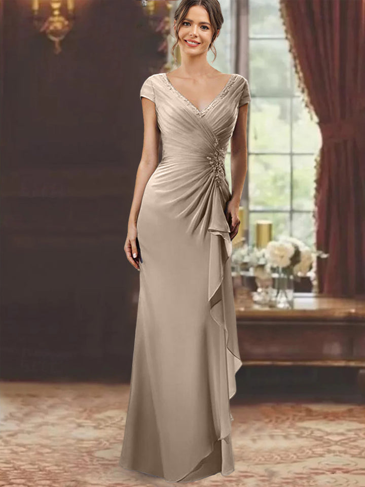 Sheath/Column V-Neck Floor-Length Mother of the Bride Dresses with Short Sleeves