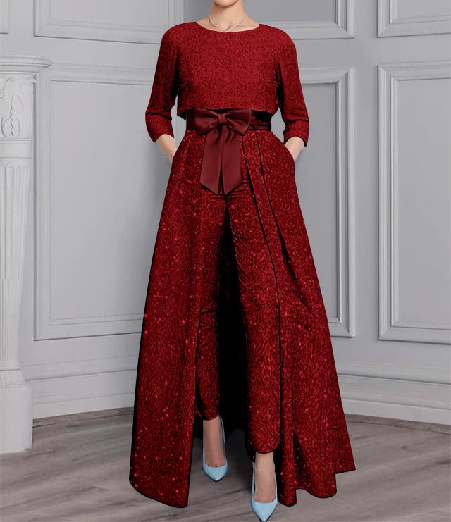 2 Pieces Scoop Long Sleeves Red Mother of the Bride Pantsuits with Sash ï¼?Sequins