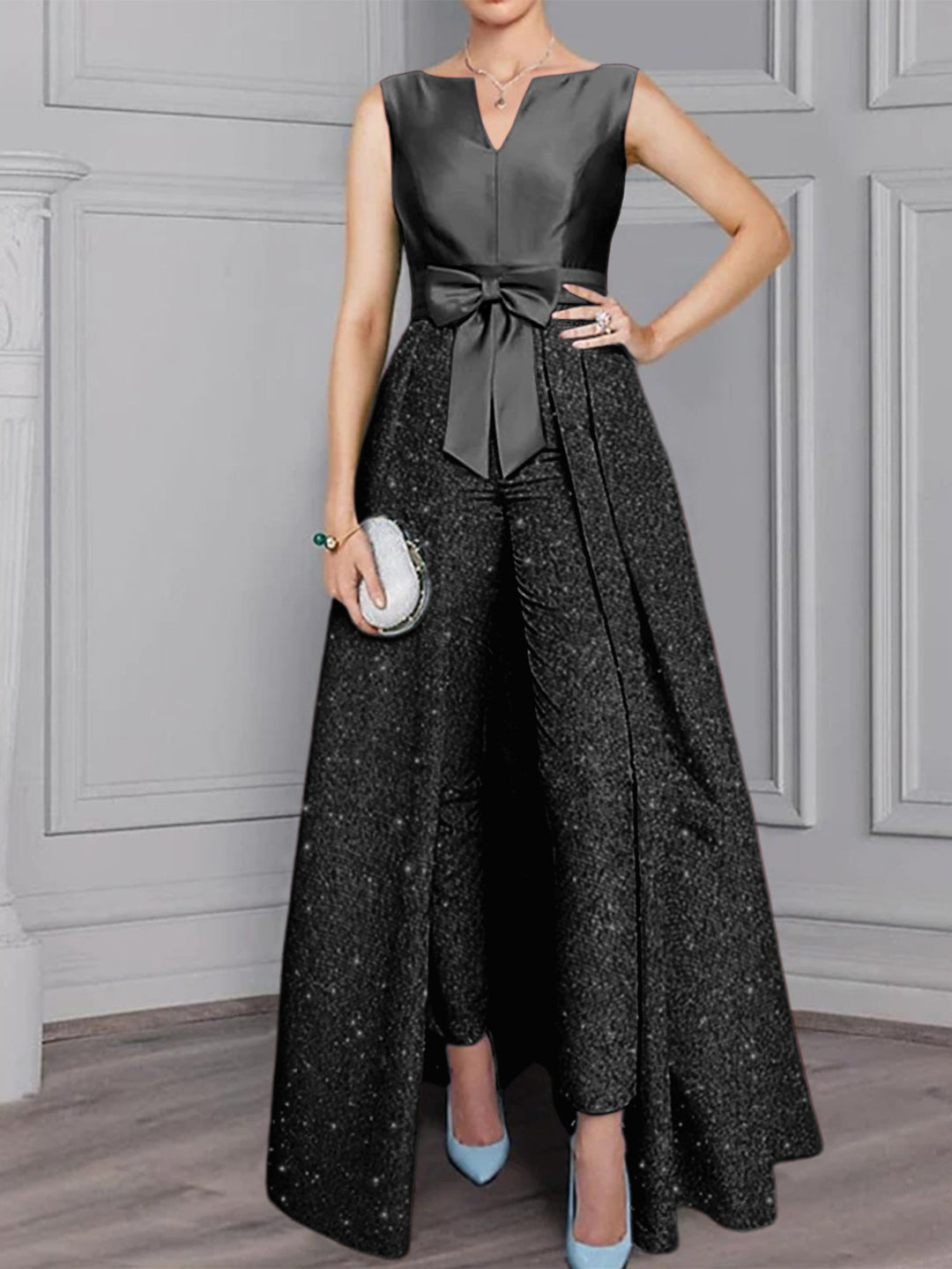 Charcoal Gray Mother of the Bride Pantsuits with Sash ï¼?Sequins