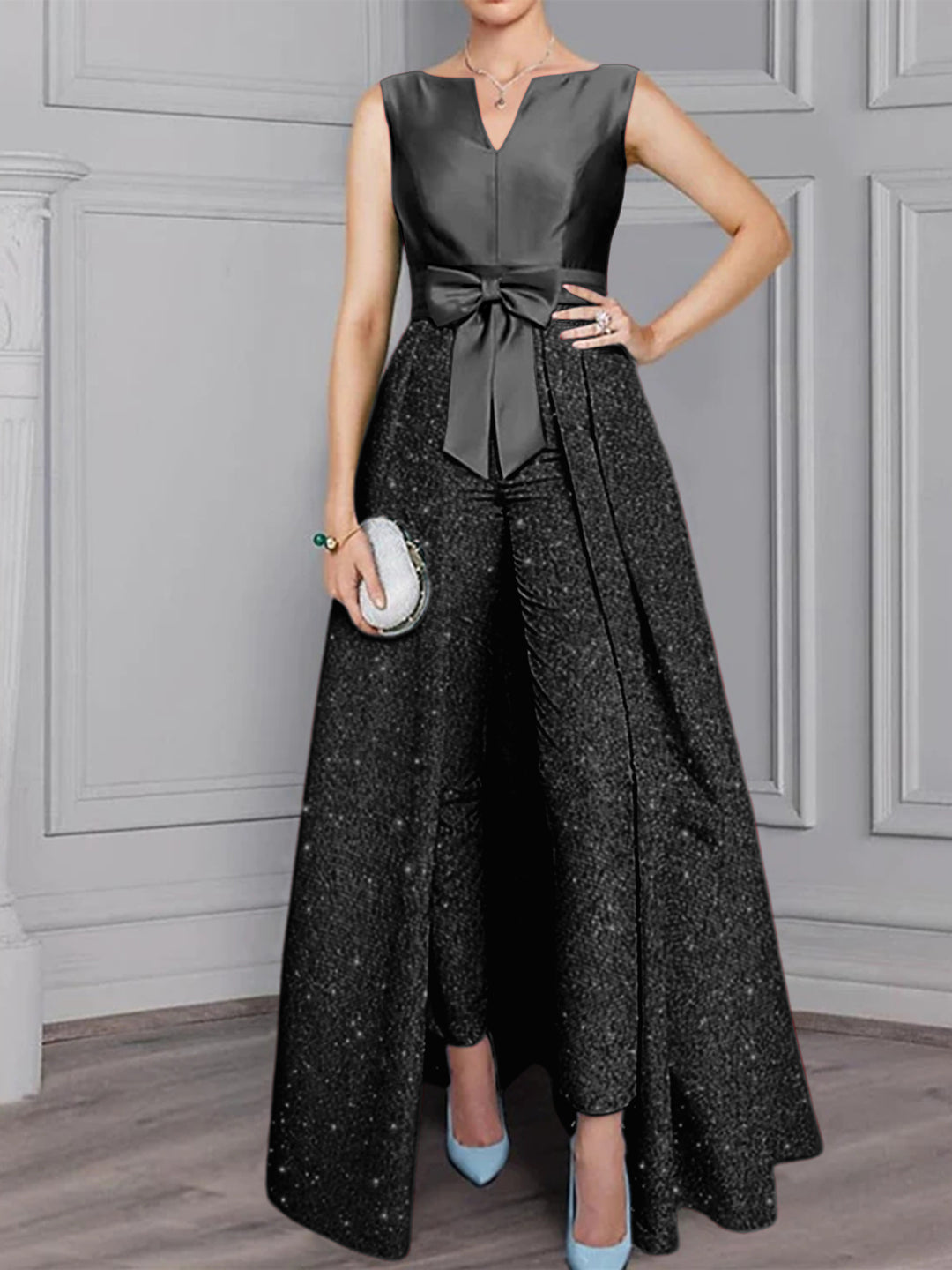 Chiffon Scoop Long Sleeves Mother of the Bride Pantsuits with Sash ＆ Sequins