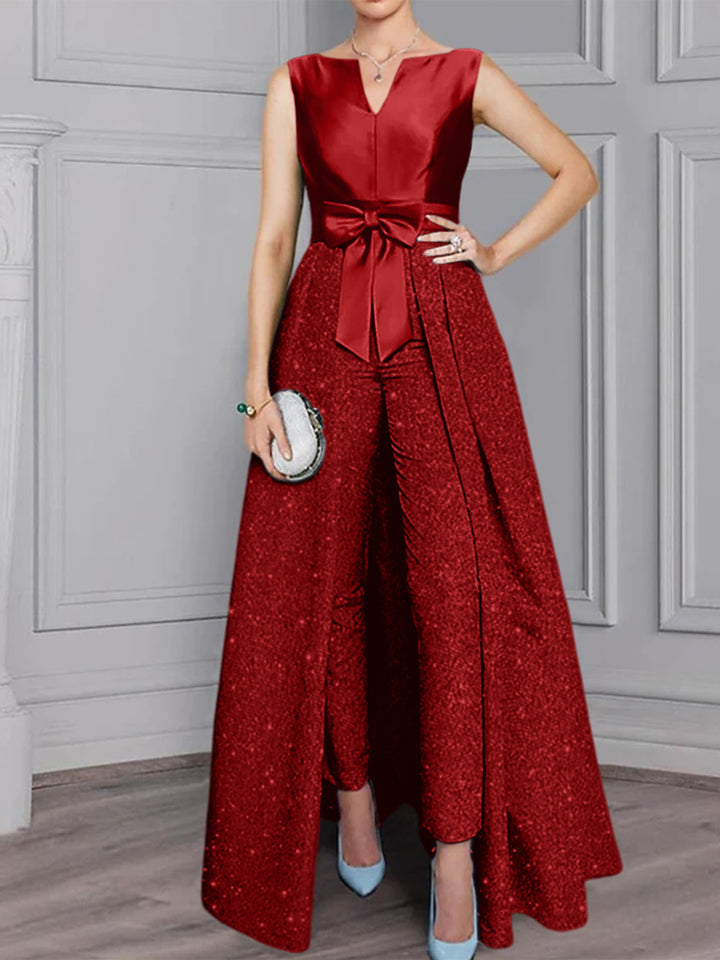 Chiffon Scoop Long Sleeves Mother of the Bride Pantsuits with Sash ＆ Sequins