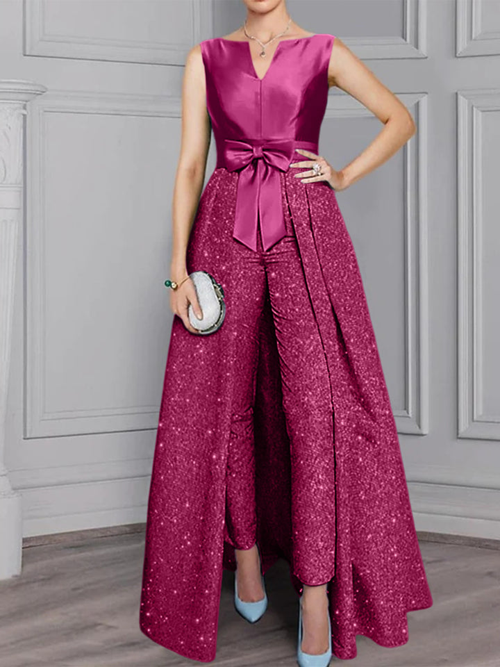 Chiffon Scoop Long Sleeves Mother of the Bride Pantsuits with Sash ＆ Sequins