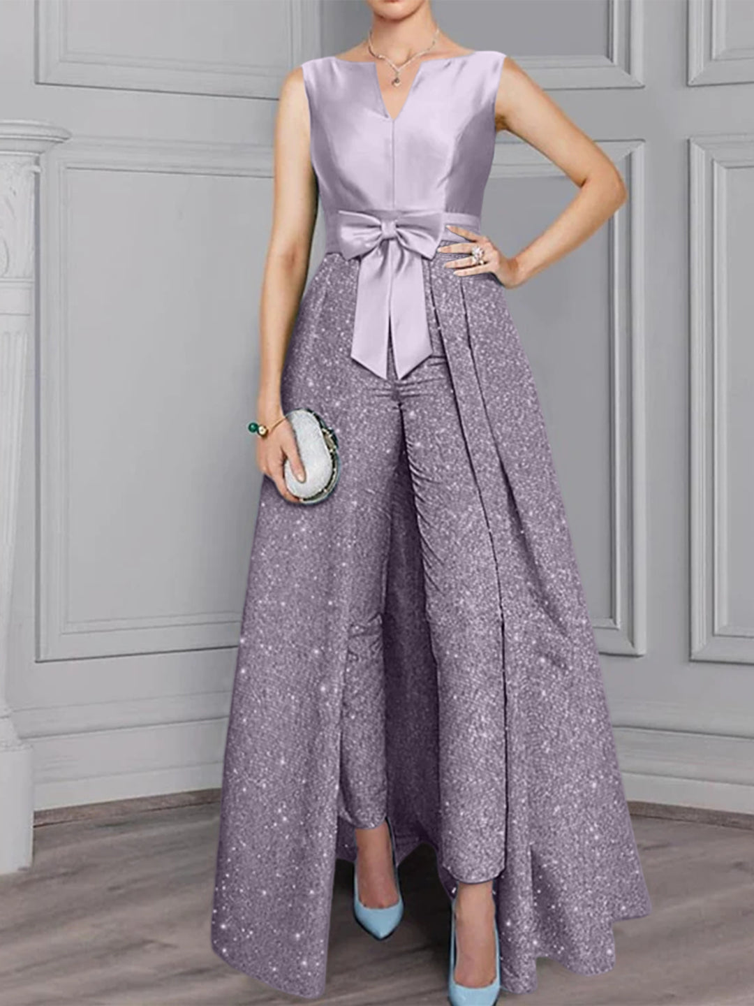 Chiffon Scoop Long Sleeves Mother of the Bride Pantsuits with Sash ＆ Sequins