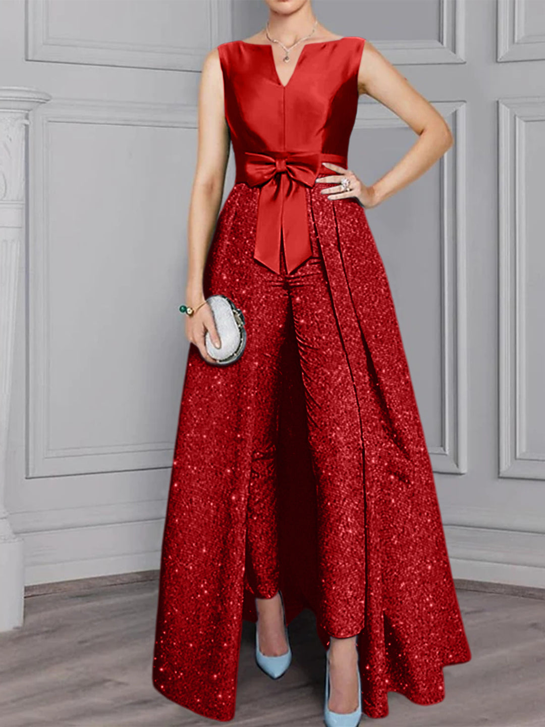 Chiffon Scoop Long Sleeves Mother of the Bride Pantsuits with Sash ＆ Sequins