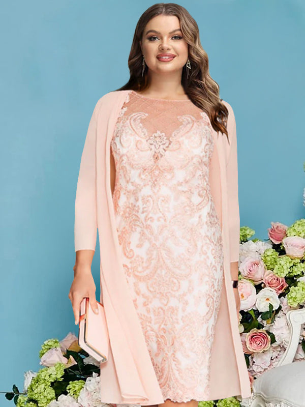 Sheath/Column Scoop Long Sleeves Knee-Length  Plus Size Mother of the Bride Dresses with Lace Beading Appliques