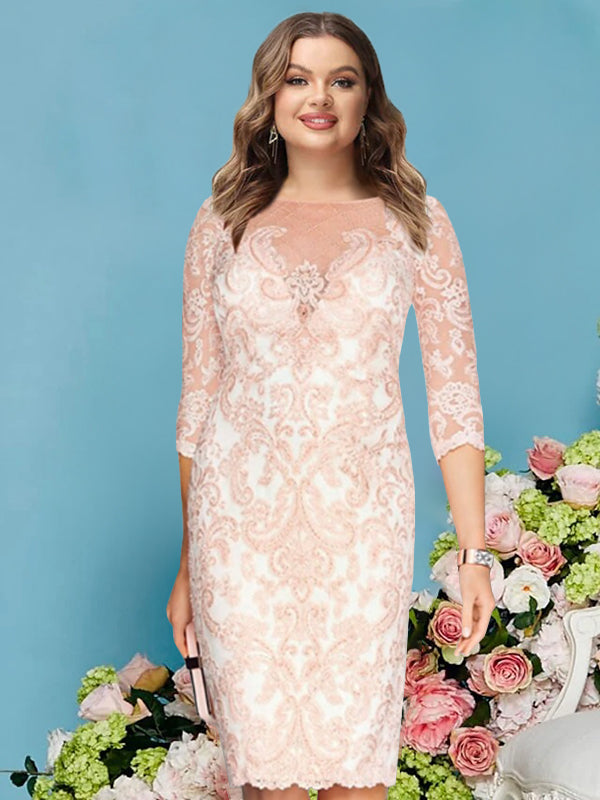 Sheath/Column Scoop Long Sleeves Knee-Length  Plus Size Mother of the Bride Dresses with Lace Beading Appliques