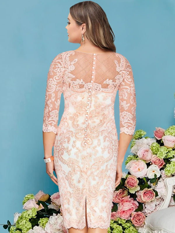 Sheath/Column Scoop Long Sleeves Knee-Length  Plus Size Mother of the Bride Dresses with Lace Beading Appliques