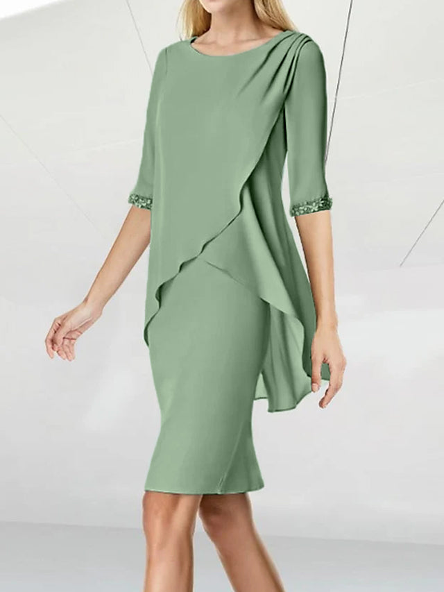 Sheath/Column Jewel Neck Knee-Length Half Sleeve Mother of the Bride Dresses with Beading Ruching