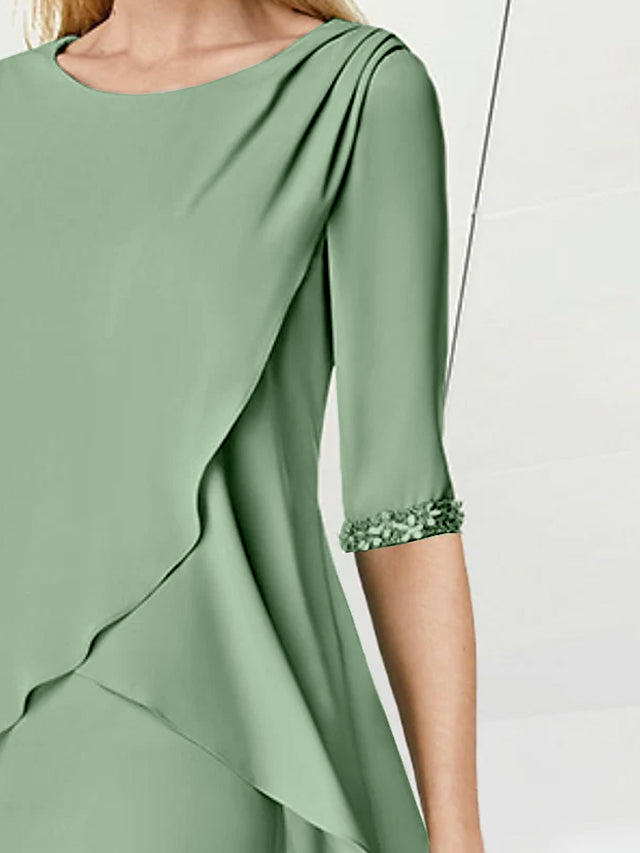 Sheath/Column Jewel Neck Knee-Length Half Sleeve Mother of the Bride Dresses with Beading Ruching